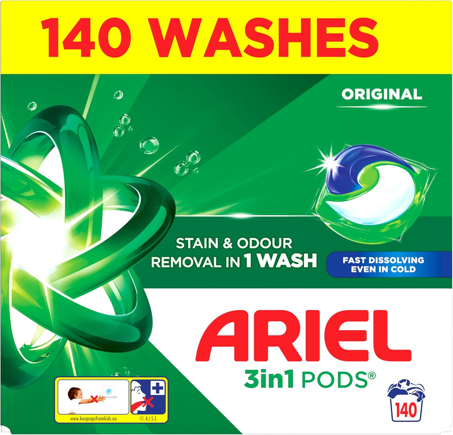 Ariel Original 3-in-1 PODS, 2 x 70 Washes (140 Wash)