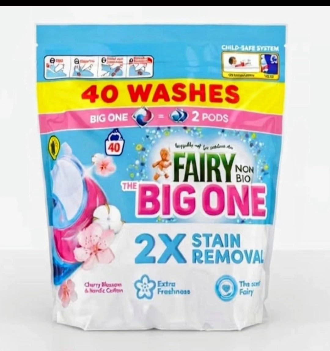 Fairy Non Bio The Big One Washing Liquid Pods, Cherry Blossom & Nordic Cotton (2 x 40 Wash)