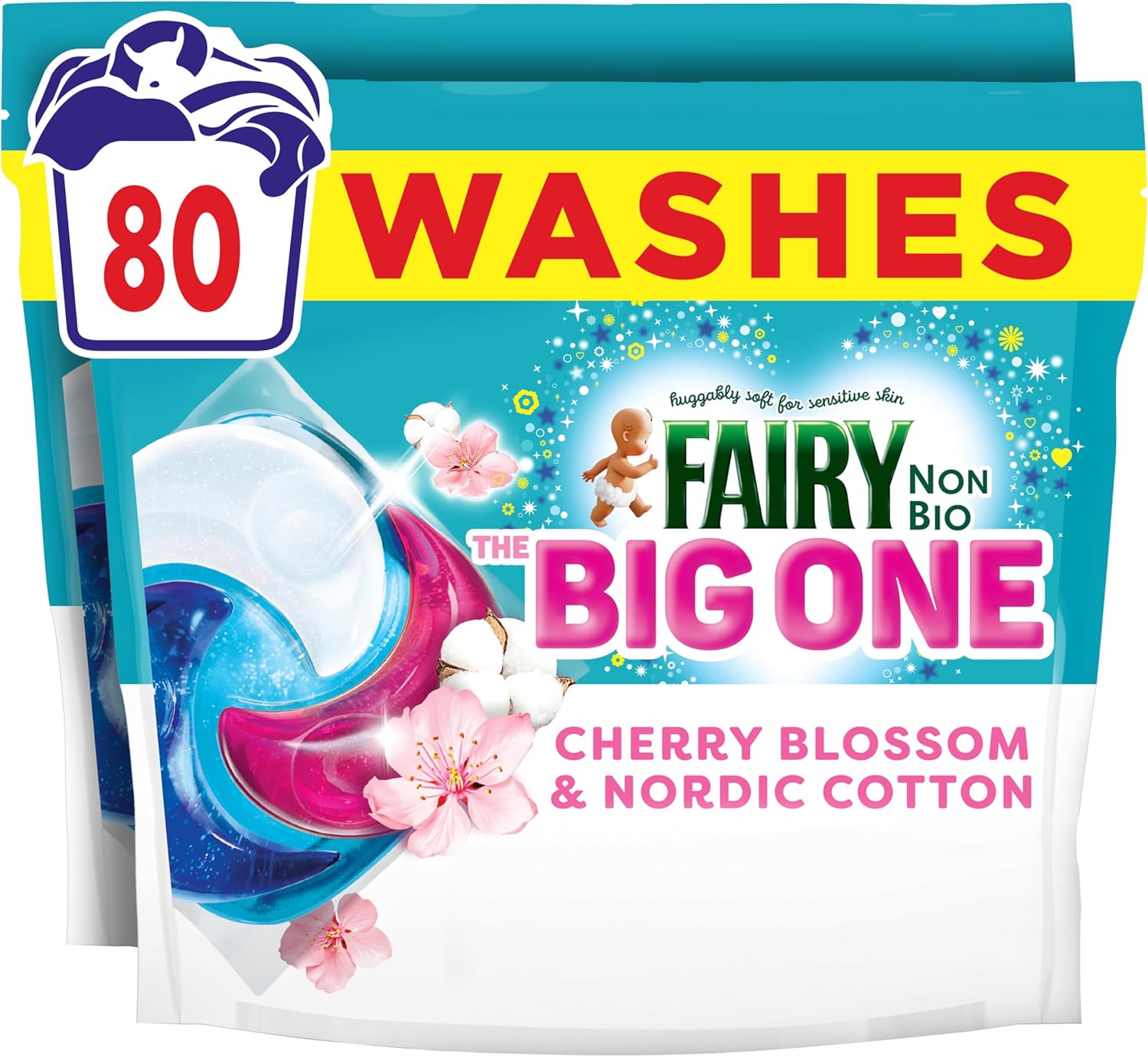 Fairy Non Bio The Big One Washing Liquid Pods, Cherry Blossom & Nordic Cotton (2 x 40 Wash)