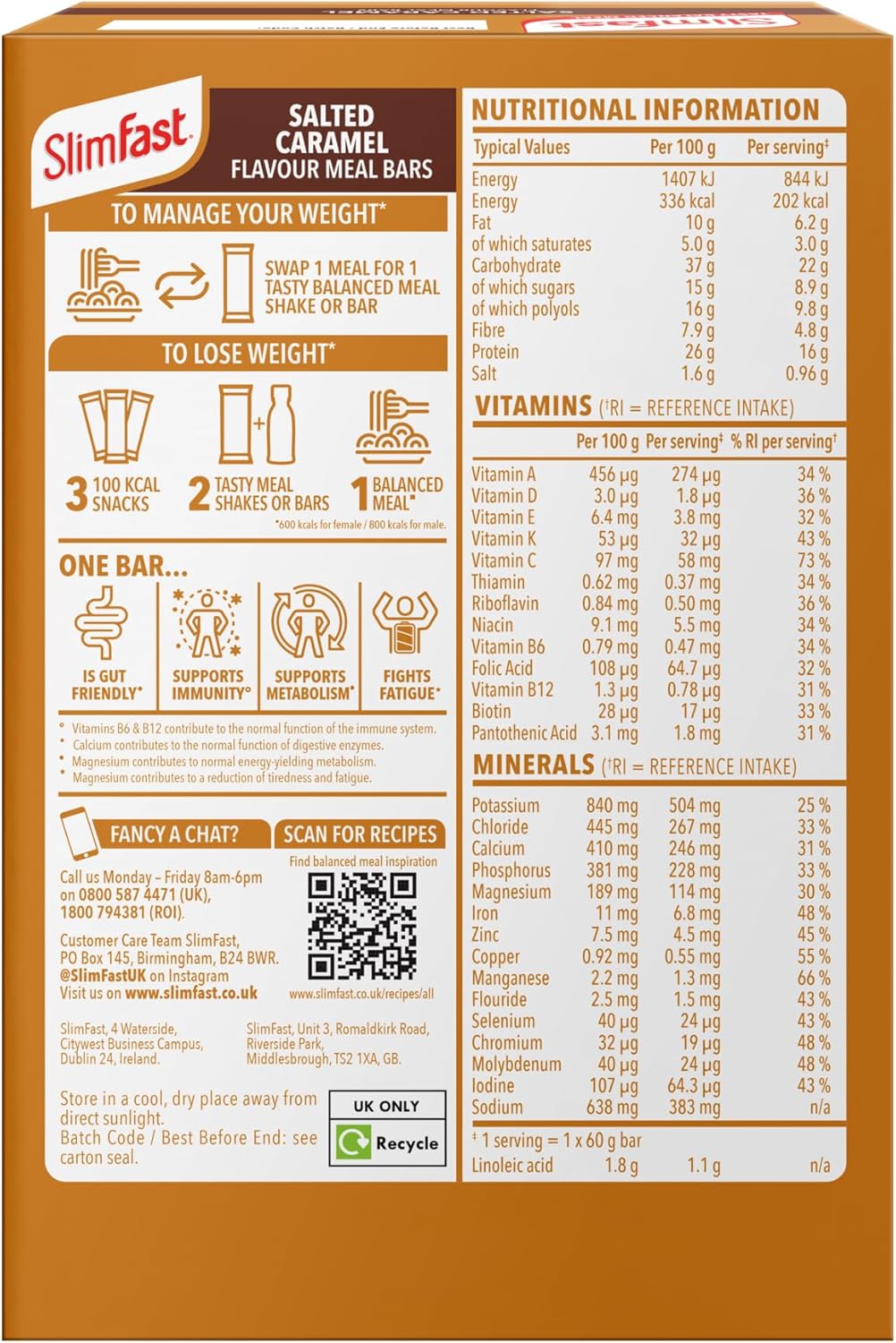 SlimFast Meal Replacement Snack Bar, Salted Caramel Flavour 4 x 60g