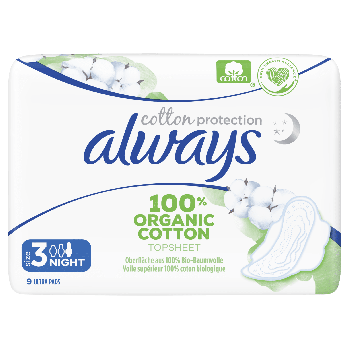Always Organic Cotton Ultra Night (Size 3) Winged Sanitary Towels - 9 Pads