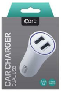 Core Car Charger Dual USB 2 Ports (White)