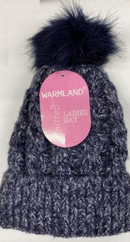 Warmland Knitted Fleece Lined Ladies Bobble Hat Blue