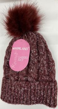 Warmland Knitted Fleece Lined Ladies Bobble Hat Maroon
