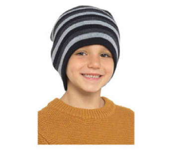 Kids Grey, Navy and Black Striped Beanie - Age 10-13 Years