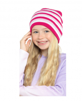 Kids Dark Pink, Light Pink and White Striped Beanie - Age 6-9 Years