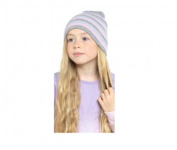 Kids Grey, Pink and Lilac Striped Beanie - Age 6-9 Years