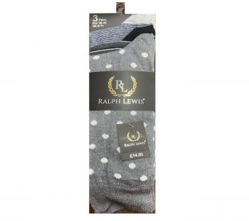Ralph Lewis - Grey, White, Navy & Black - Striped & Spotty Socks - 3 Pairs - UK 6-11