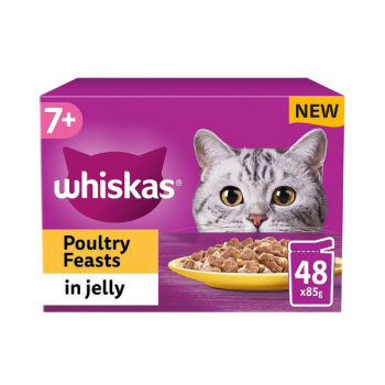 Whiskas 7+ Poultry Feasts Mixed Wet Cat Food Pouches in Jelly 48 x 85g
