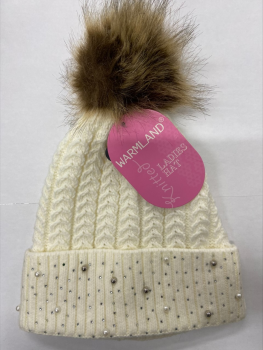 Warmland Knitted Ladies Bobble Hat With Pearl & Diamante Accents - Cream