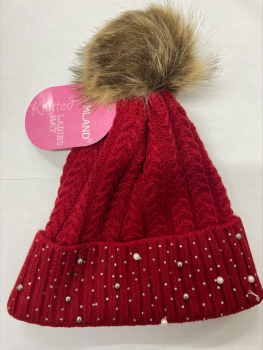Warmland Knitted Ladies Bobble Hat With Pearl & Diamante Accents - Red
