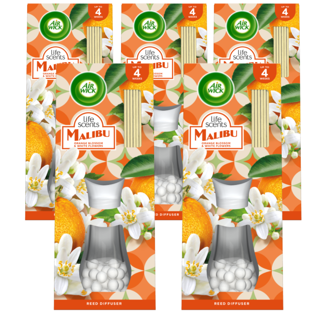 Air Wick Reed Diffuser Scented Natural Oil Malibu Fragrance 5 x 5ml