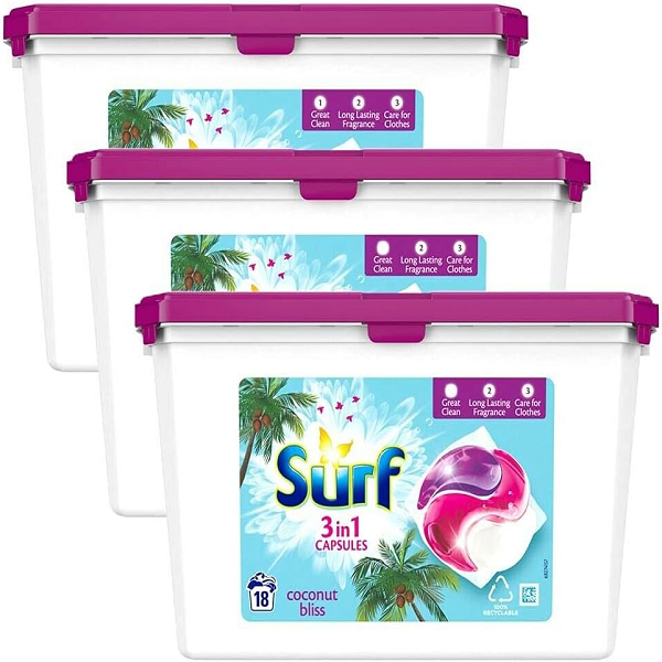 Surf 3 in 1 Washing Capsules Coconut Bliss 3 x 18 Washes