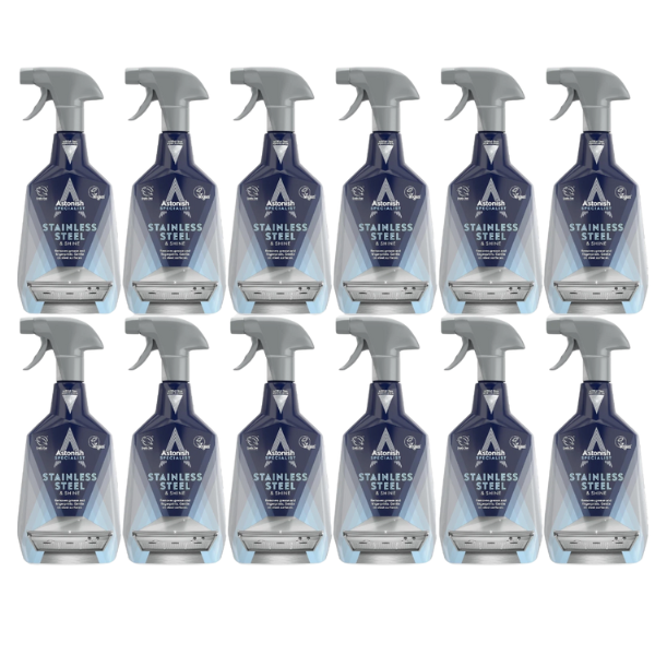 Astonish Stainless Steel Shine Cleaner Kitchen Grease Grime Dirt Spray 12x750ml