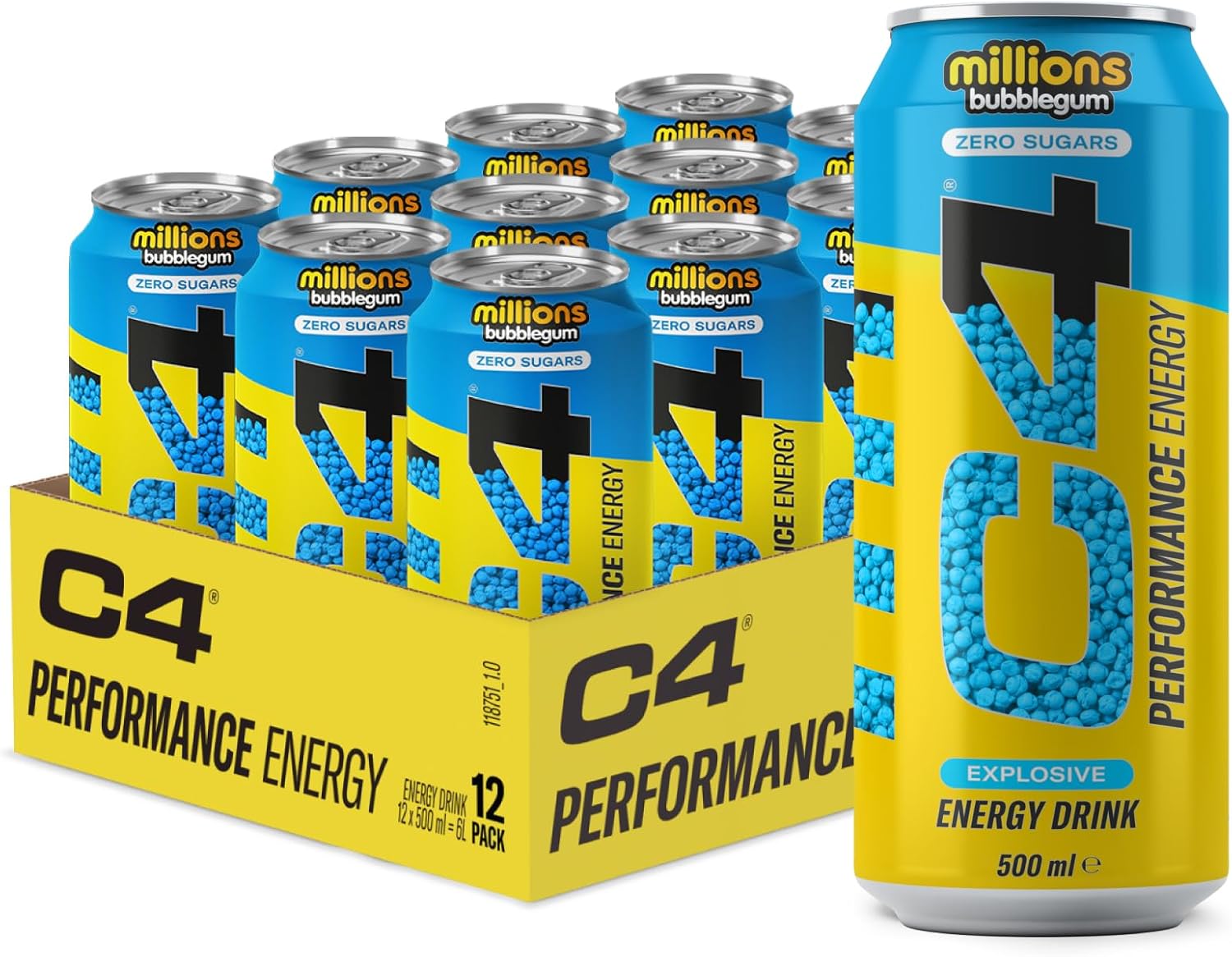 C4 Energy Drink Zero Sugar Millions Bubblegum Flavour (12 x 500ml)