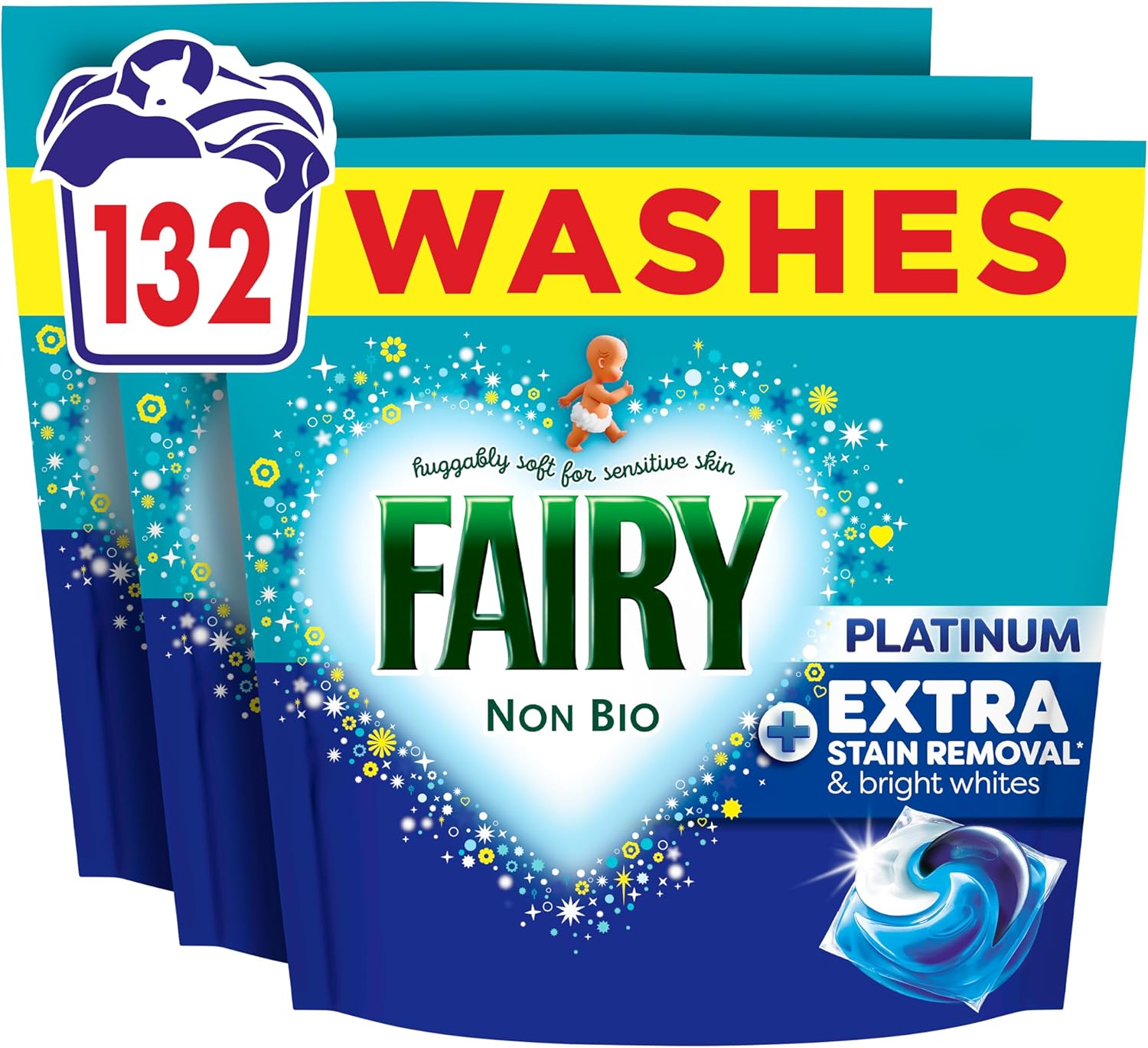 Fairy Non Bio Platinum Washing Pods Extra Stain Removal (3 x 44 Wash, 132 Washes)