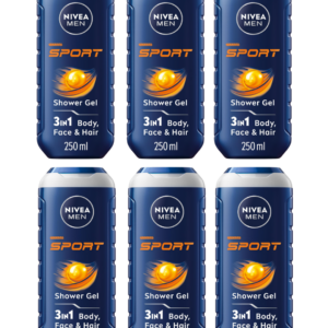 Nivea Men Sport 3in1 Shower Gel, Body, Face & Hair, 6 x 250ml
